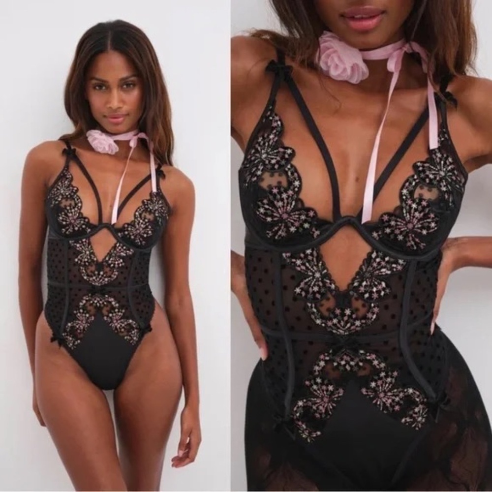 New! For Love and Lemons Caprice Bow Detail Teddy Black 31608